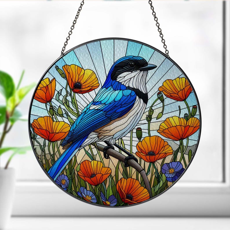 California Scrub Jay And Poppies Stained Glass Suncatcher
