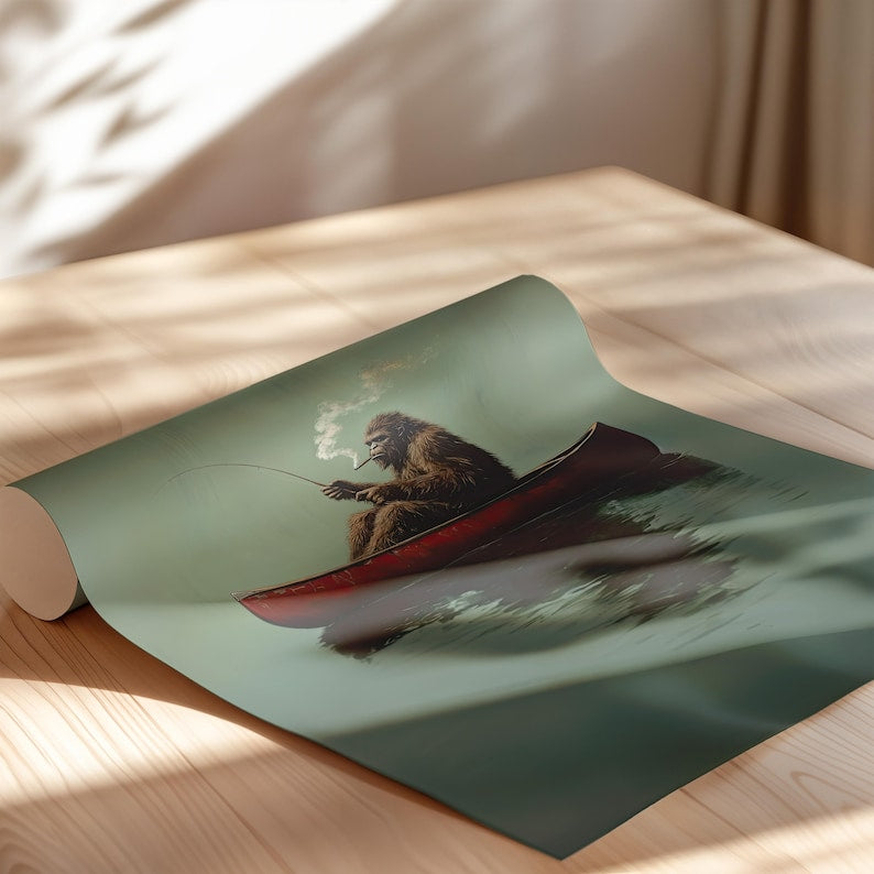 Bigfoot On A Red Canoe Fishing Retro Art Canvas