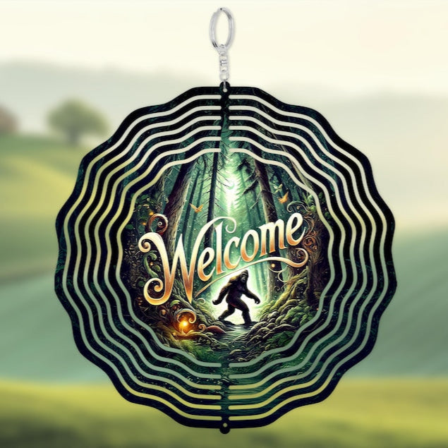Bigfoot Sasquatch Welcome Sign Cabin Forest Wind Spinner