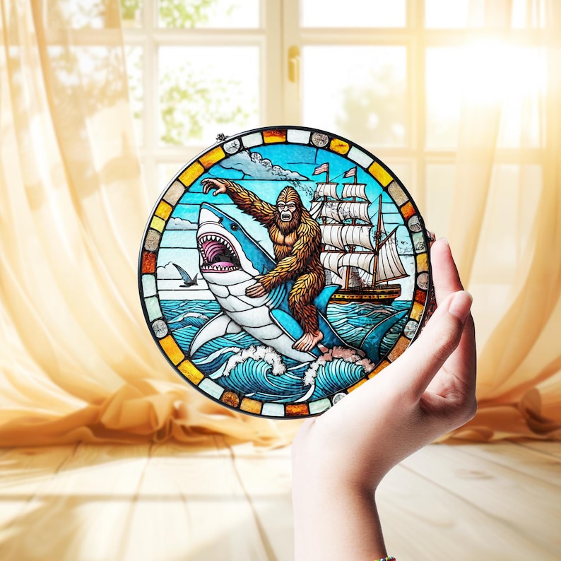Funny Bigfoot and Shark Stained Glass Suncatcher