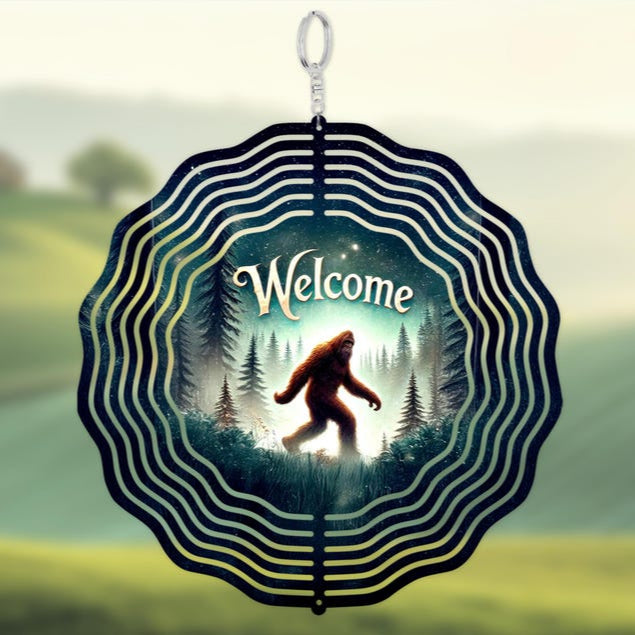 Bigfoot Sasquatch Welcome Sign Cabin Forest Wind Spinner