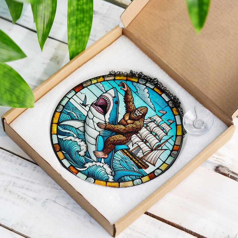 Funny Bigfoot and Shark Stained Glass Suncatcher