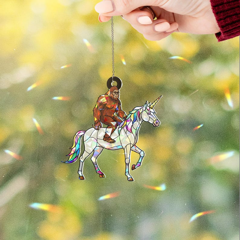 Hologram Bigfoot Riding Unicorn Acrylic Window Hanging