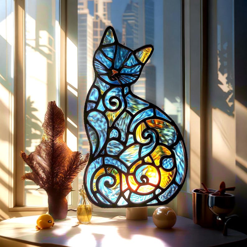 Mystical Black Cat Stained Glass Suncatcher