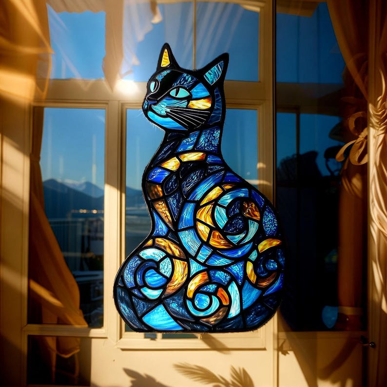 Mystical Black Cat Stained Glass Suncatcher