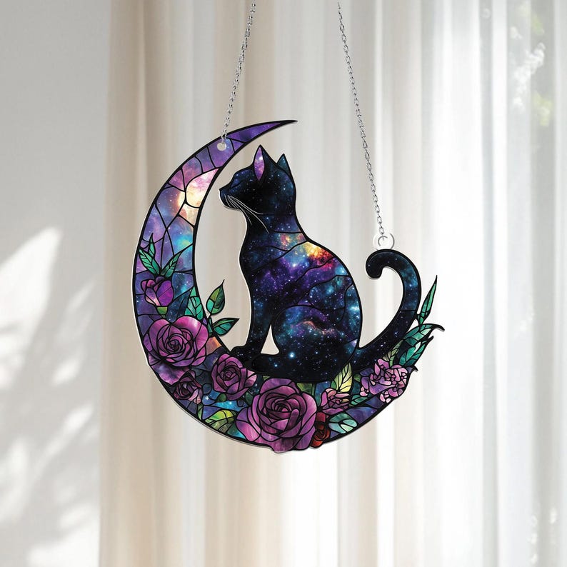 Galaxy Cat on Crescent Moon Stain Glass Suncatcher