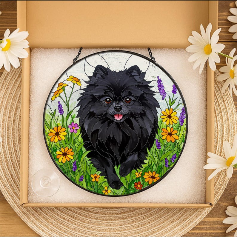 Black Pomeranian Wildflower Stained Glass Suncatcher