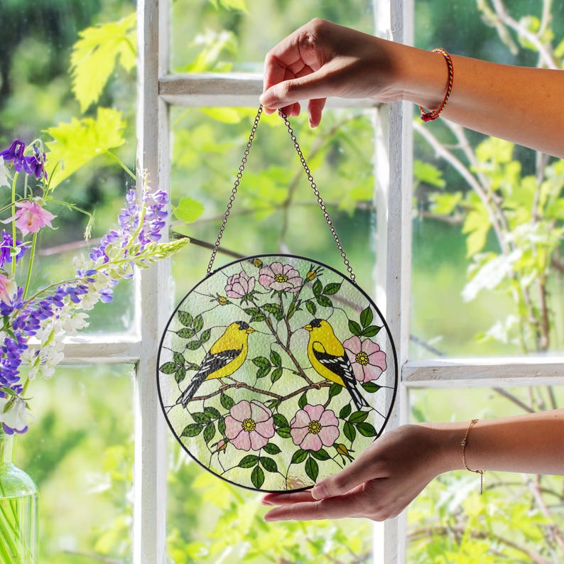 Yellow Finches and Wild Roses Stained Glass Suncatcher