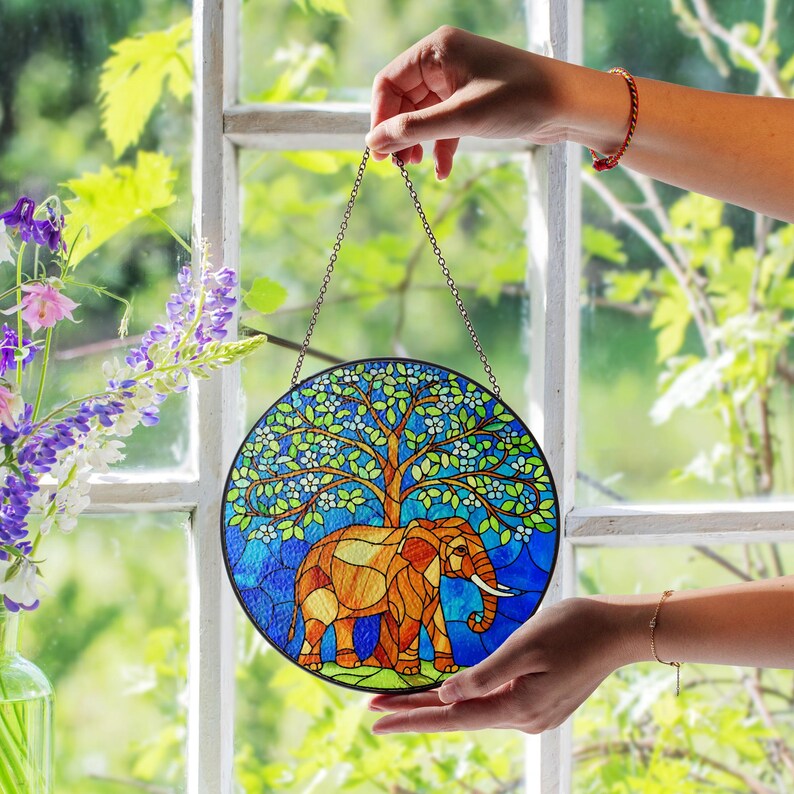 Elephant Tree of Life Stained Glass Suncatcher