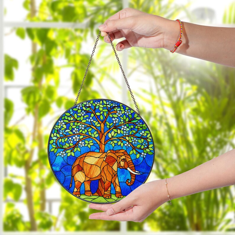 Elephant Tree of Life Stained Glass Suncatcher