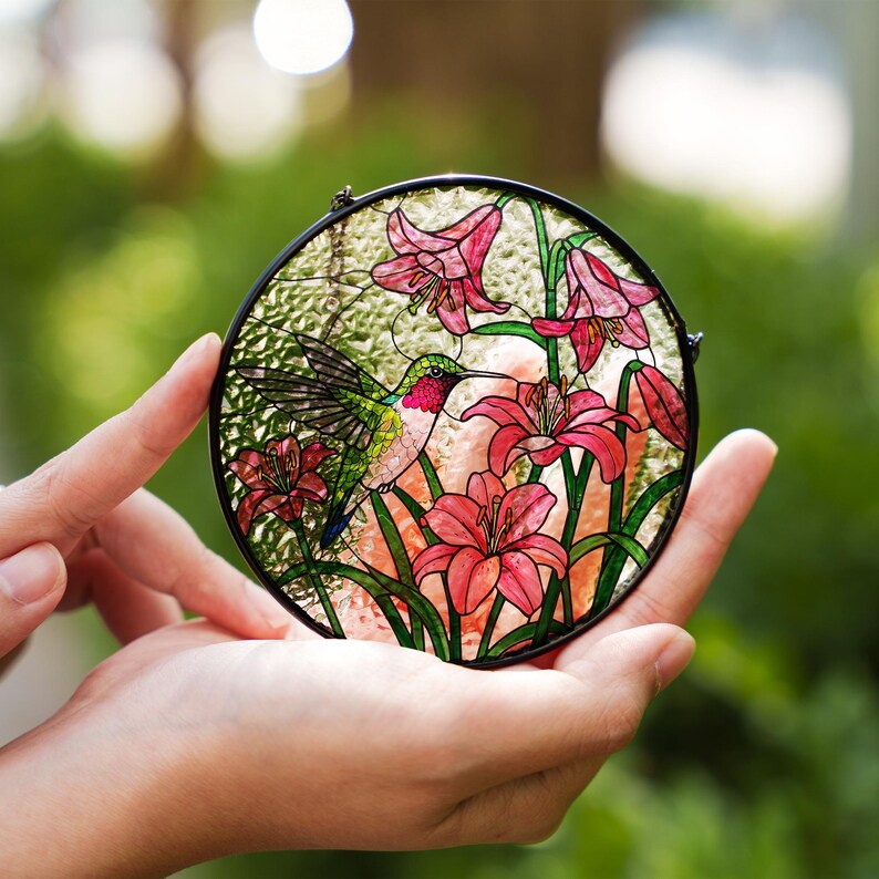 Hummingbird and Pink Lily Stained Glass Suncatcher