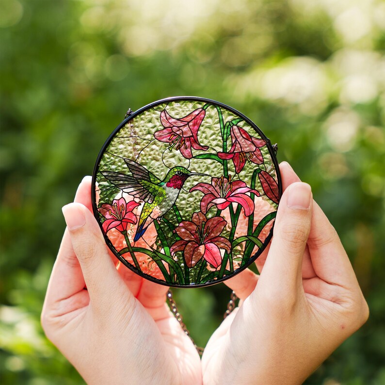 Hummingbird and Pink Lily Stained Glass Suncatcher