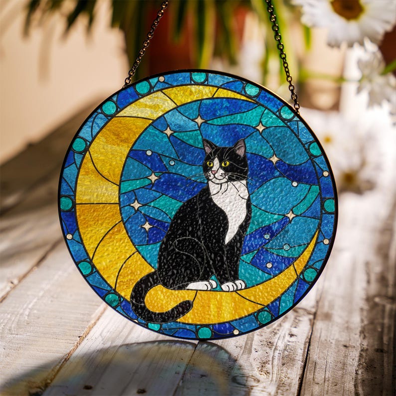 Cat On Moon Stained Glass Suncatcher