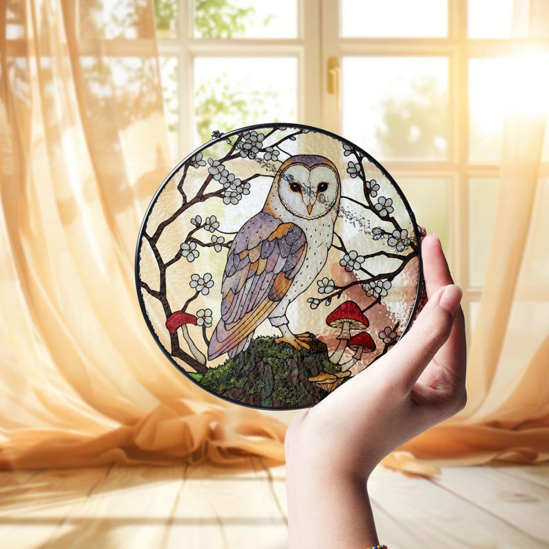 Mystical Barn Owl Stained Glass Suncatcher