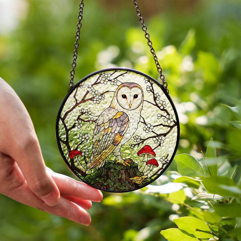 Mystical Barn Owl Stained Glass Suncatcher