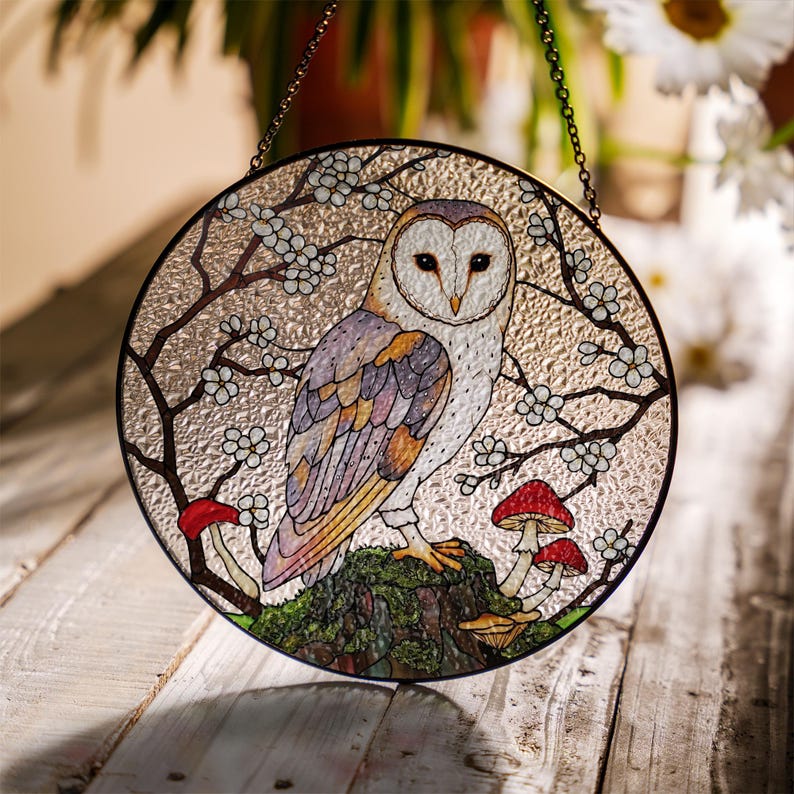 Mystical Barn Owl Stained Glass Suncatcher