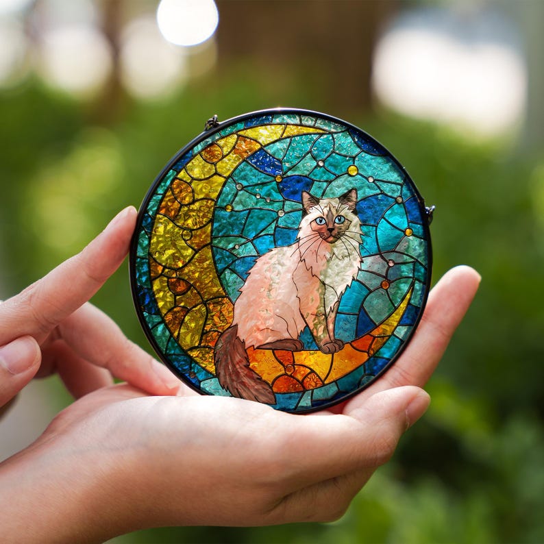 Cat On Moon Stained Glass Suncatcher