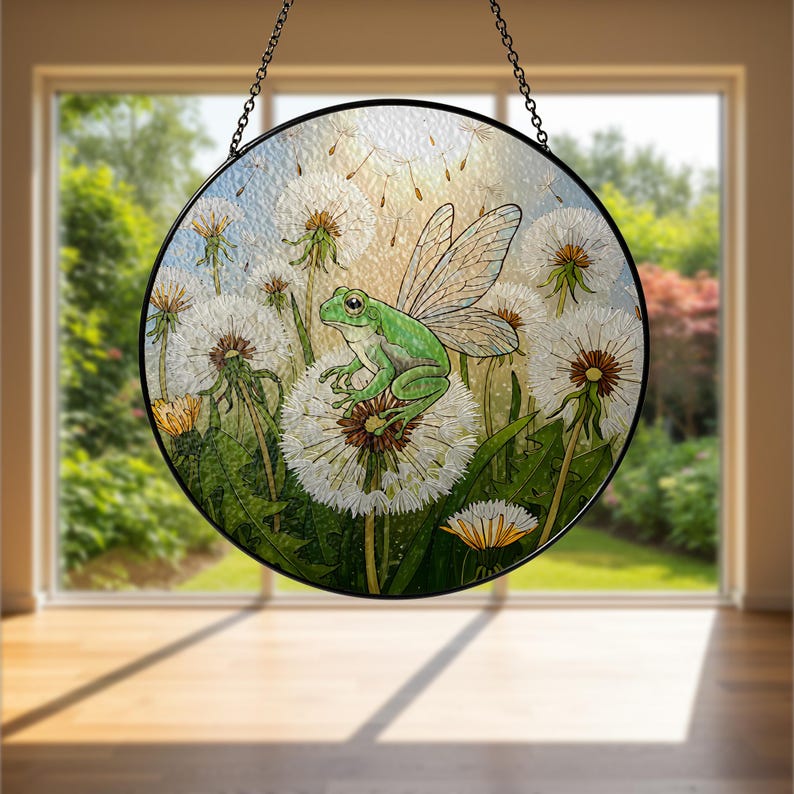 Fairy Frog And Dandelion Flower Stained Glass Suncatcher
