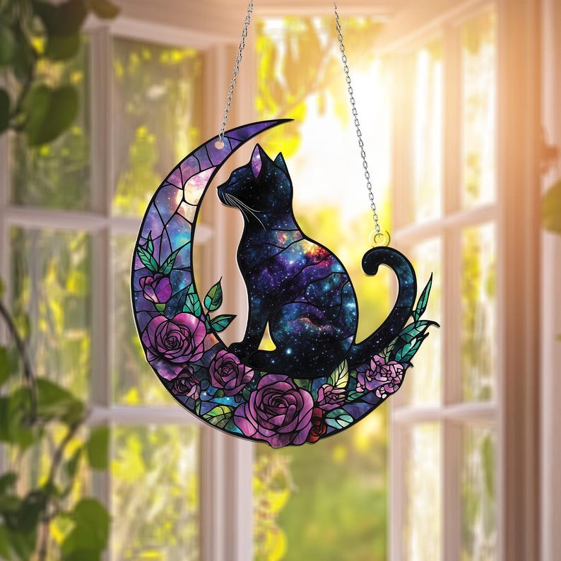Galaxy Cat on Crescent Moon Stain Glass Suncatcher
