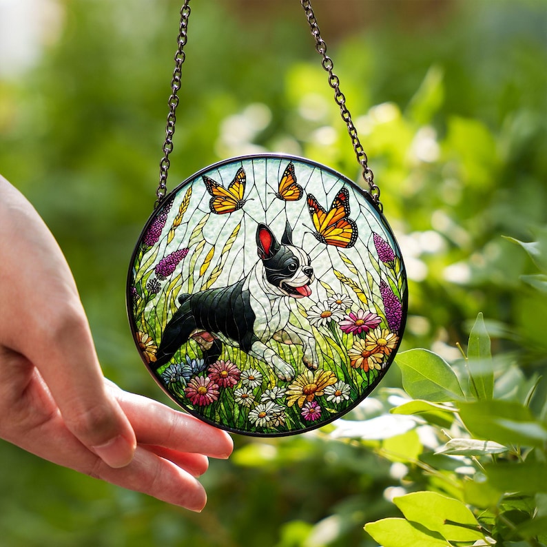 Boston Terrier And Wildflower Stained Glass Suncatcher