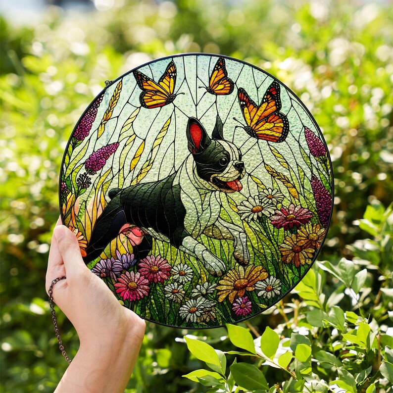 Boston Terrier And Wildflower Stained Glass Suncatcher