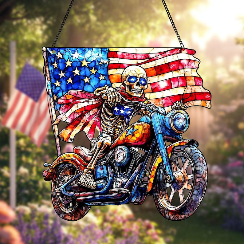 Skeleton Biker Faux Stained Glass Suncatcher
