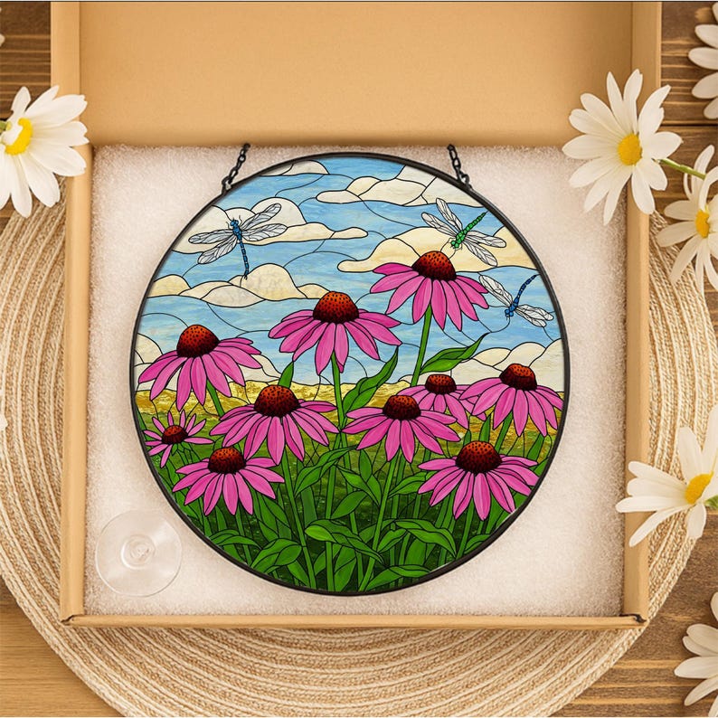 Coneflower and Dragonfly Stained Glass Suncatcher