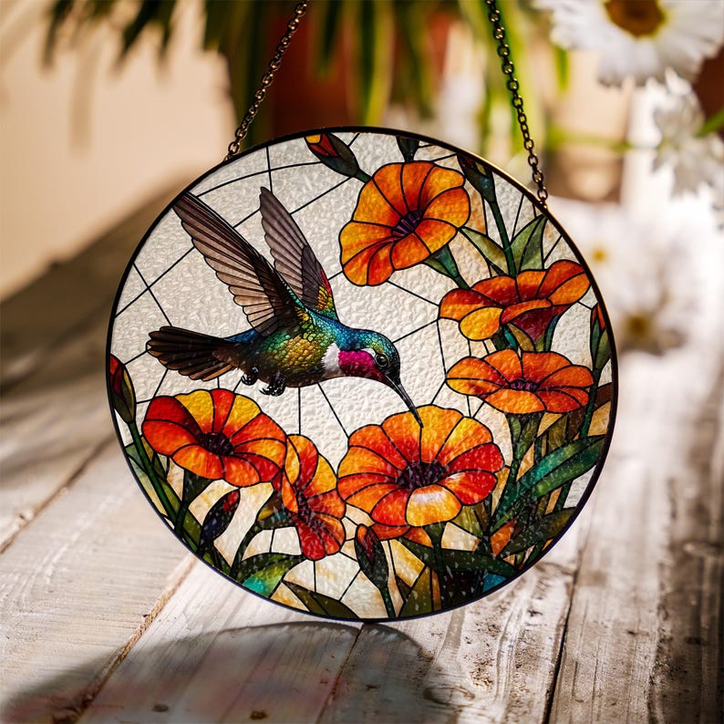 Hummingbird and Trumpet Vine Stained Glass Suncatcher
