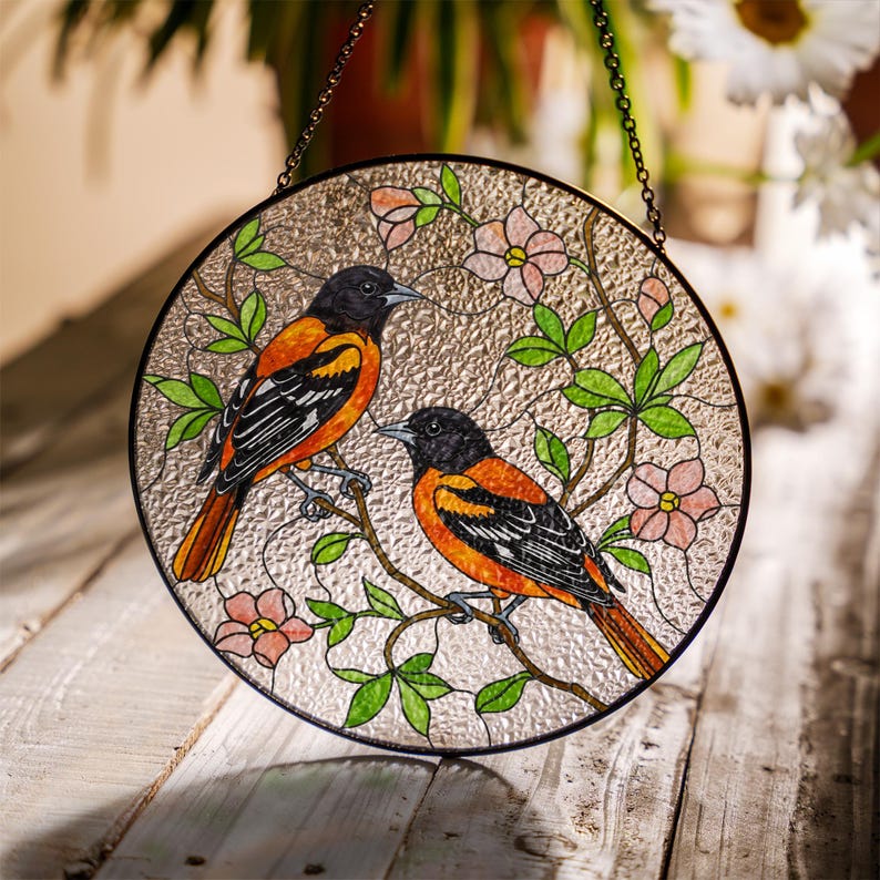 Baltimore Orioles and Trailing Flowering Vines Stained Glass Suncatcher
