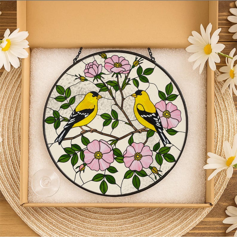 Yellow Finches and Wild Roses Stained Glass Suncatcher