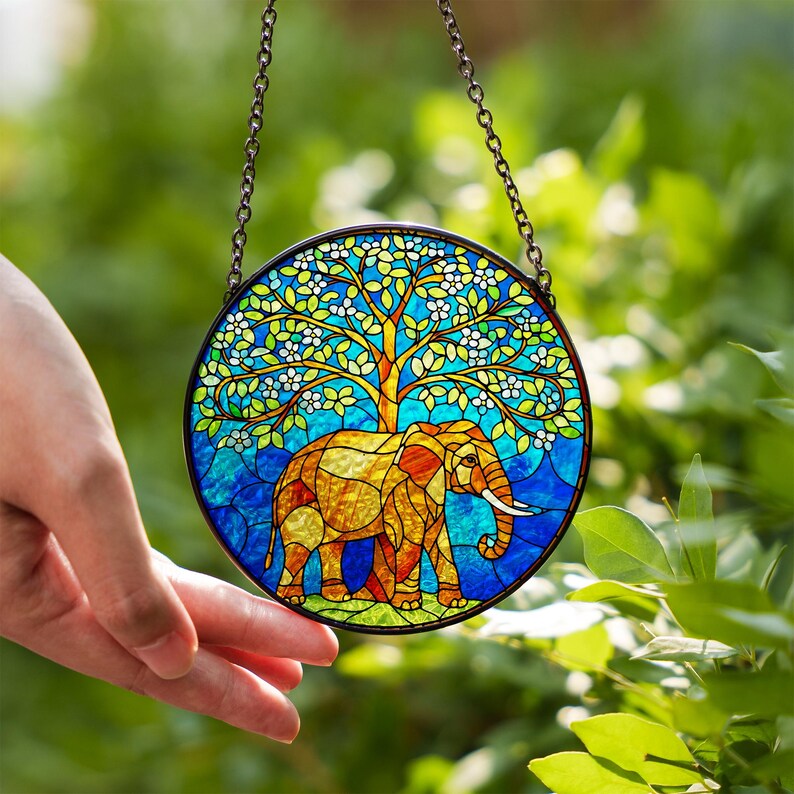 Elephant Tree of Life Stained Glass Suncatcher