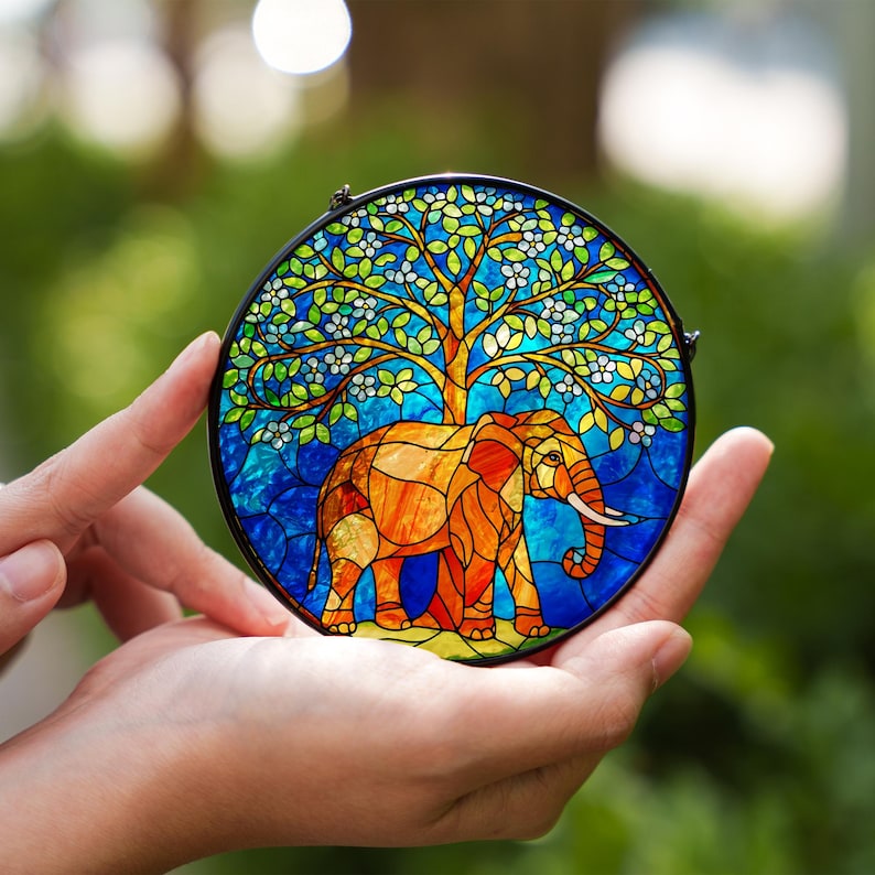 Elephant Tree of Life Stained Glass Suncatcher