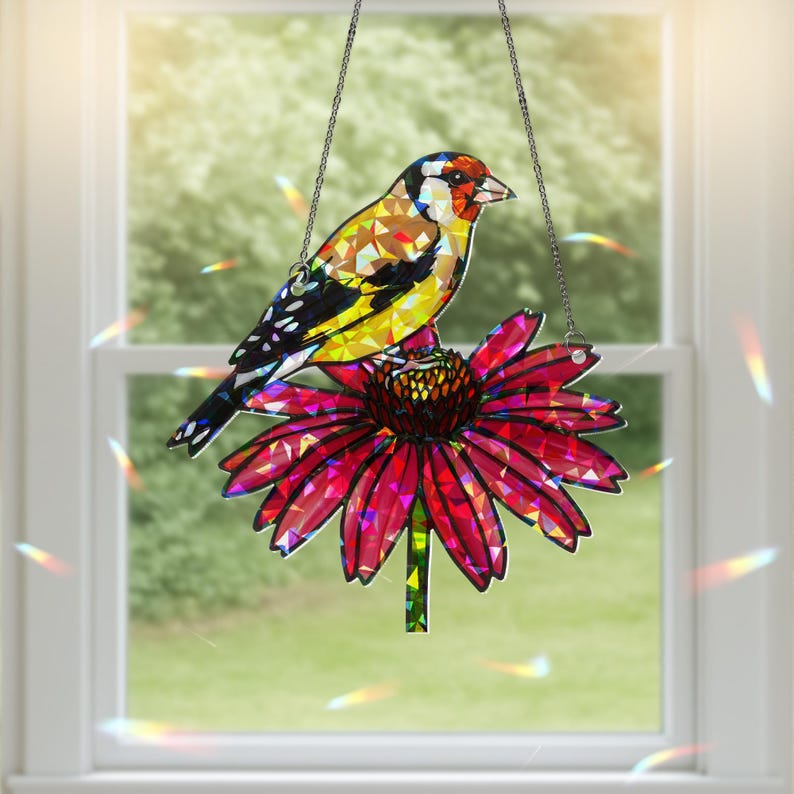Goldfinch & Coneflower Stained Glass Suncatcher