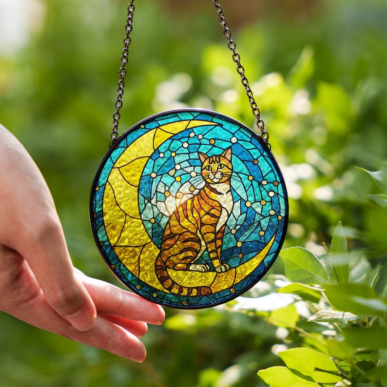Cat On Moon Stained Glass Suncatcher