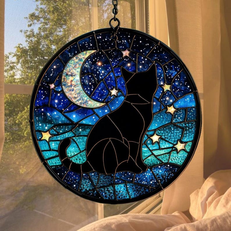 Celestial Cat Stained Glass Suncatcher