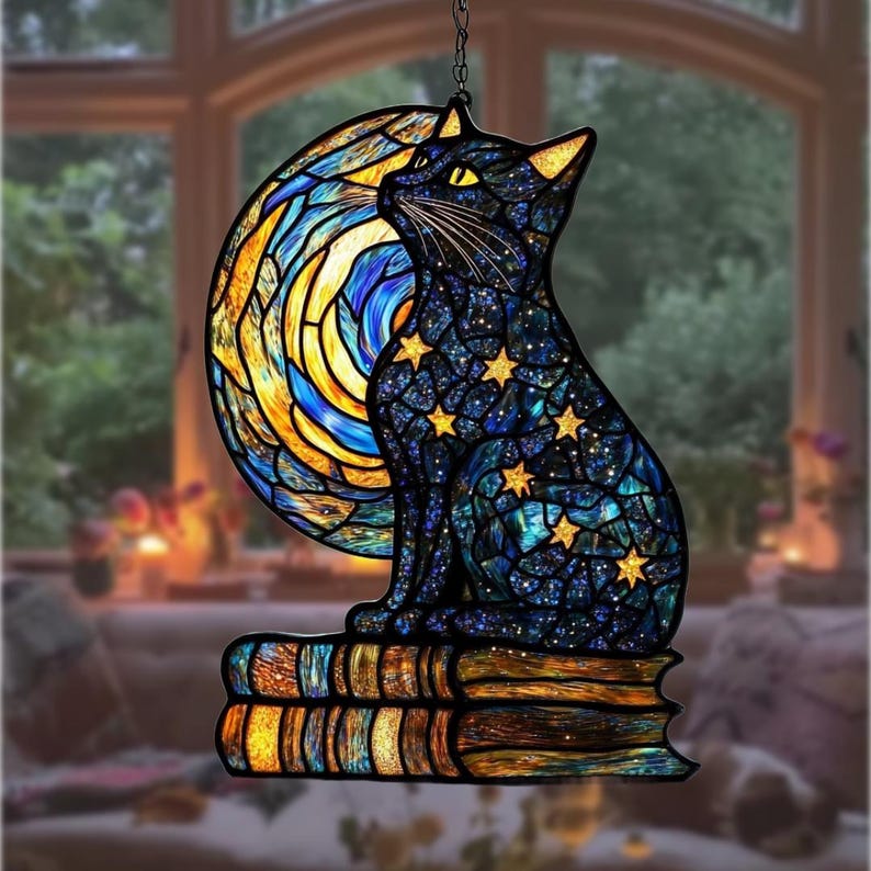 Celestial Cat & Book Stain Glass Suncatcher