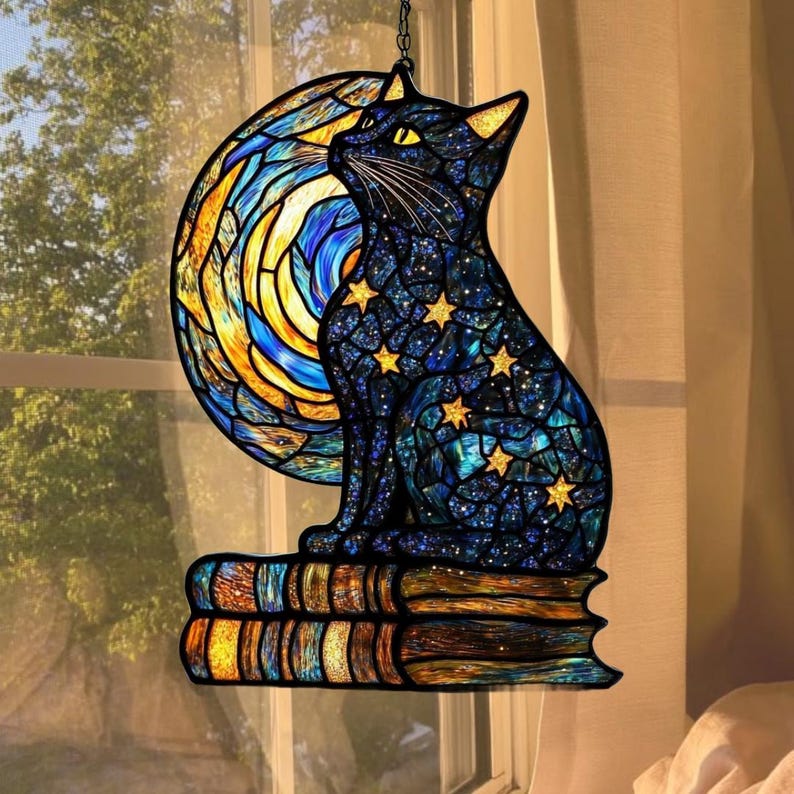 Celestial Cat & Book Stain Glass Suncatcher