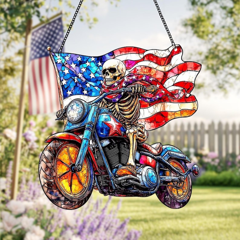 Skeleton Biker Faux Stained Glass Suncatcher