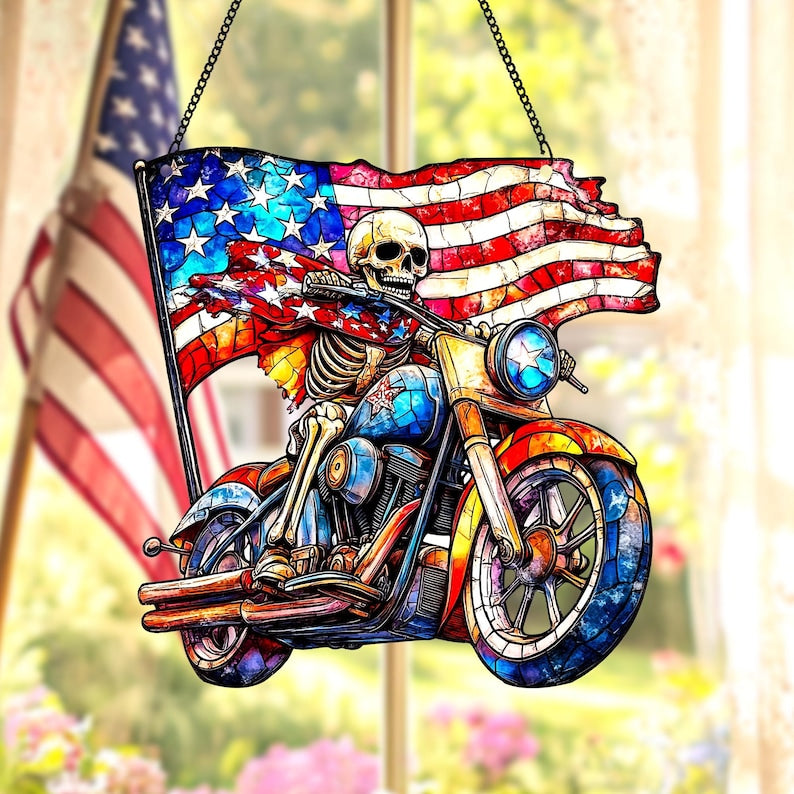 Skeleton Biker Faux Stained Glass Suncatcher