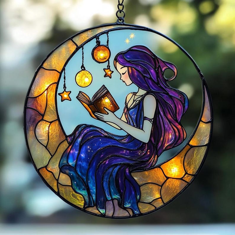 Moon Fairy – Celestial Stained Glass Suncatcher Girl with Book