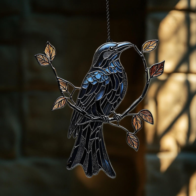 Black Raven on Branch Stained Glass ACRYLIC Suncatcher