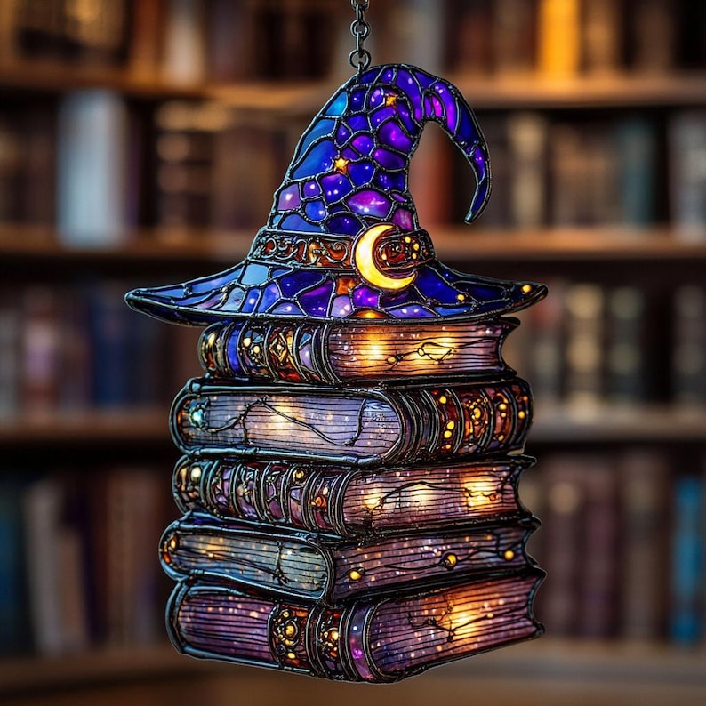 Witch Hat Book Stack Stained Glass Suncatcher
