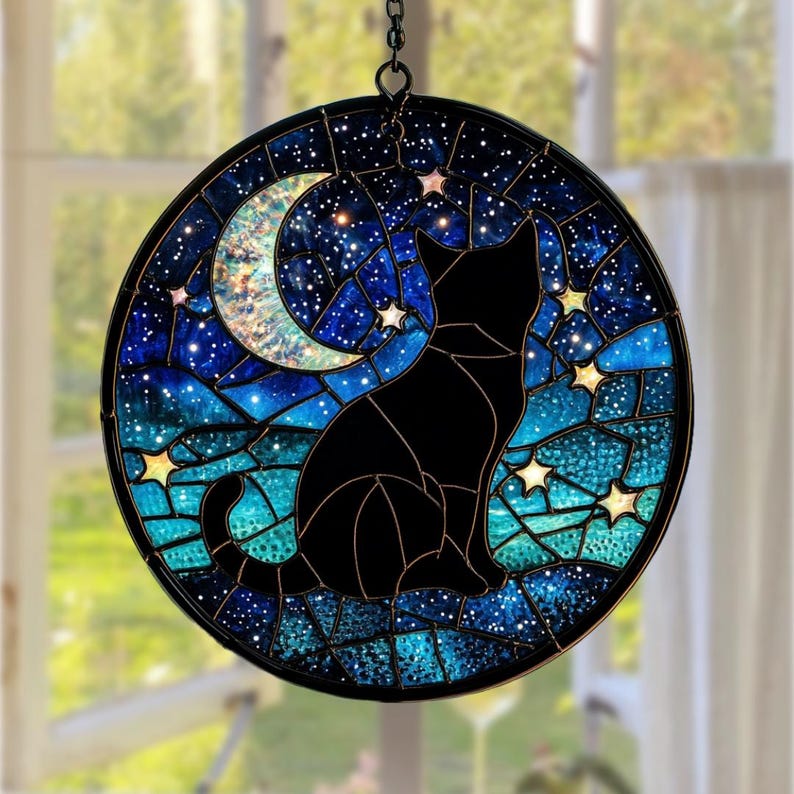Celestial Cat Stained Glass Suncatcher