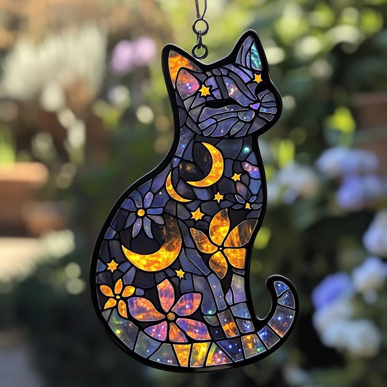 Celestial Cat Stain Glass Suncatcher