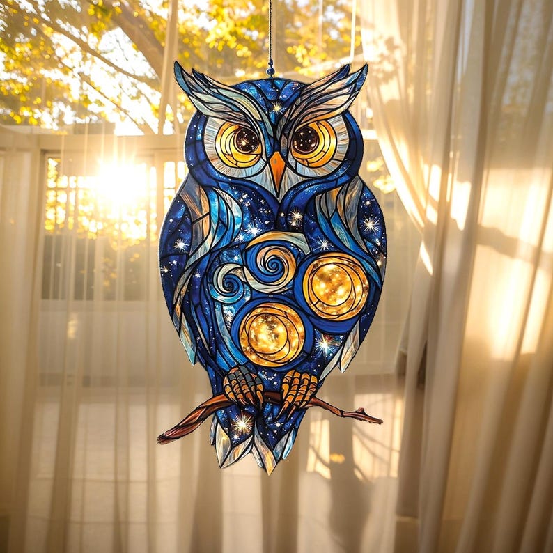 Galaxy Owl Stained Glass Suncatcher