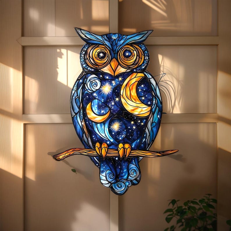 Galaxy Owl Stained Glass Suncatcher