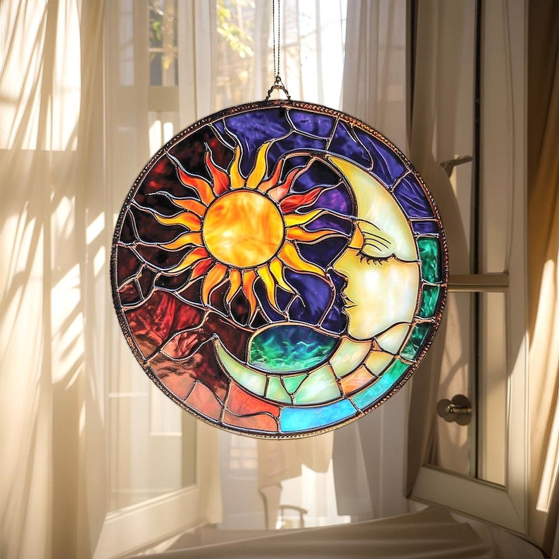 Sun and Moon Faces Stain Glass Suncatcher