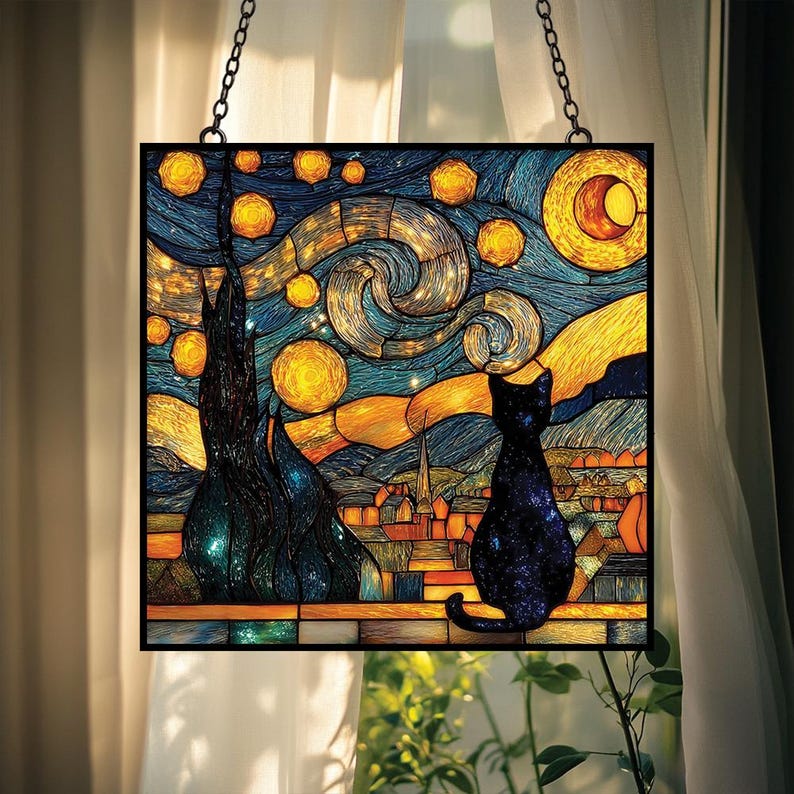 Midnight Cat Stain Glass Suncatcher