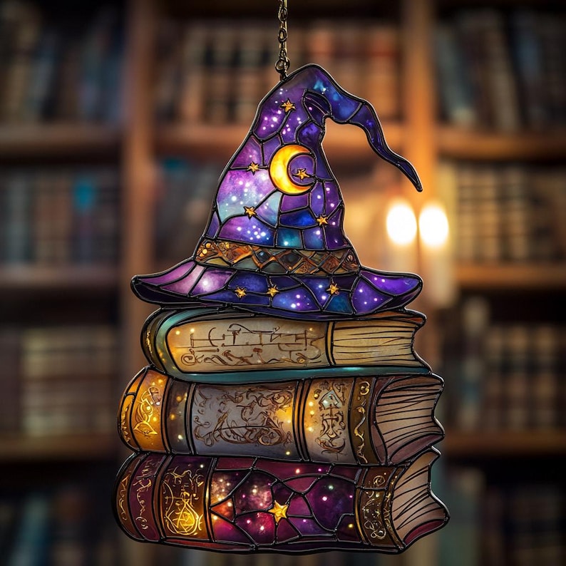 Witch Hat Book Stack Stained Glass Suncatcher