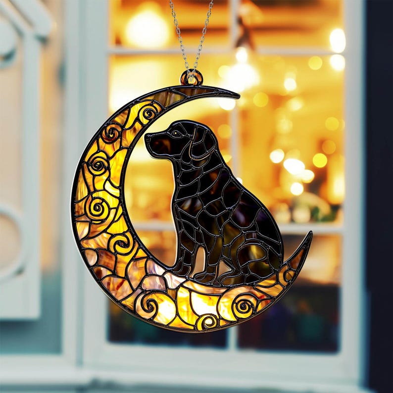 Black Dog on Crescent Moon Stain Glass Suncatcher